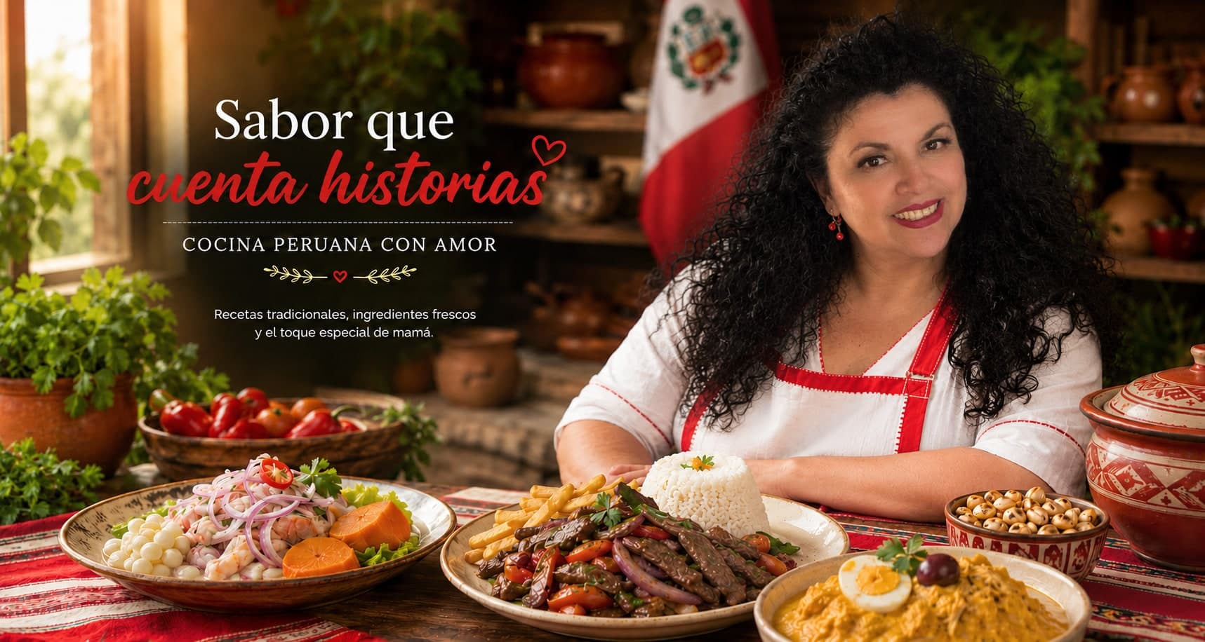 Majumi Aizcorbe sonriendo con delantal peruano junto a ceviche, lomo saltado y ají de gallina, con la bandera del Perú al fondo